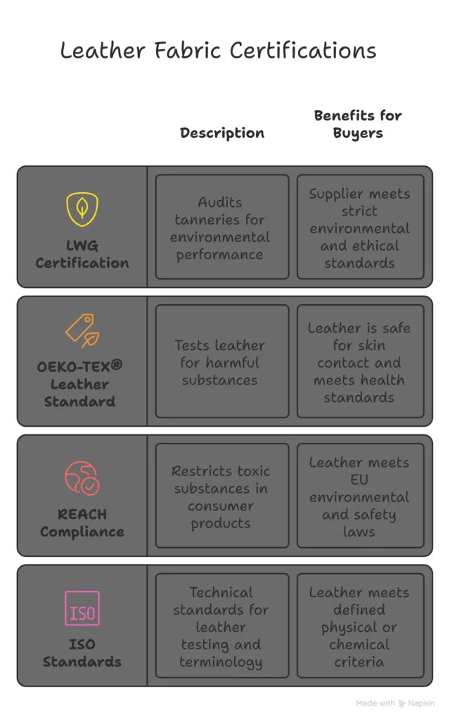 Leather certifications infographic including LWG, OEKO-TEX, REACH, and ISO