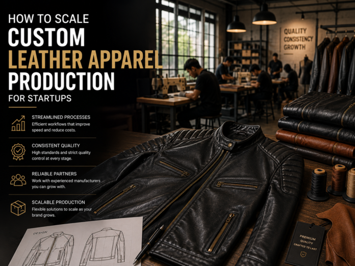 Custom leather jacket production workspace with premium leather garments and professional manufacturing setup.