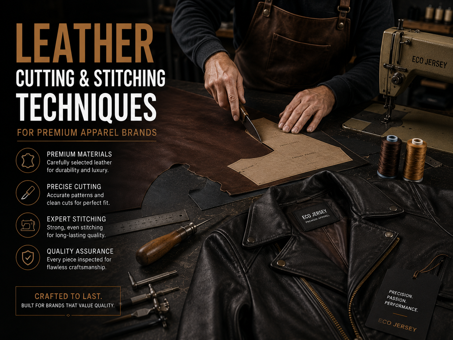 Leather Cutting &Stitching Techniques for Premium Apparel Brands Leather cutting and stitching process for premium apparel manufacturing inside a professional leather workshop.