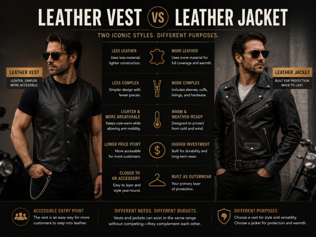 Leather Vest vs Other Outerwear Styles: Key Differences 3 Side-by-side comparison of a leather vest and leather jacket highlighting differences in warmth, complexity, durability, and price point.