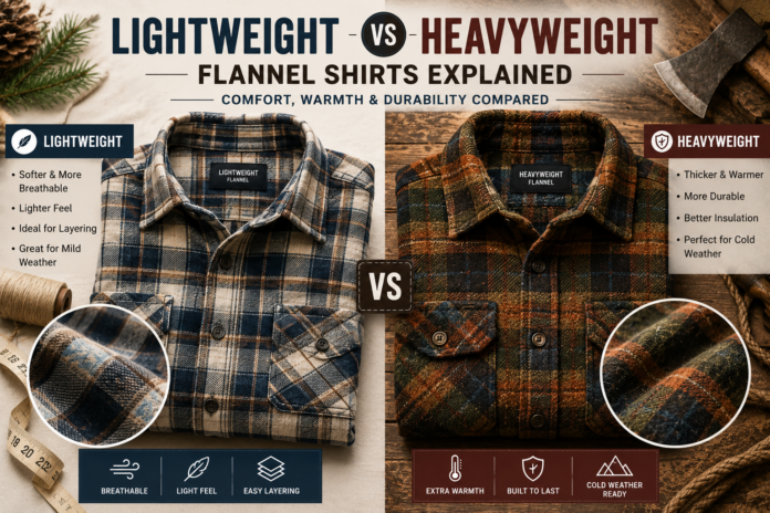 Comparison image of lightweight and heavyweight flannel shirts showing fabric thickness, warmth, layering comfort, and durability differences.