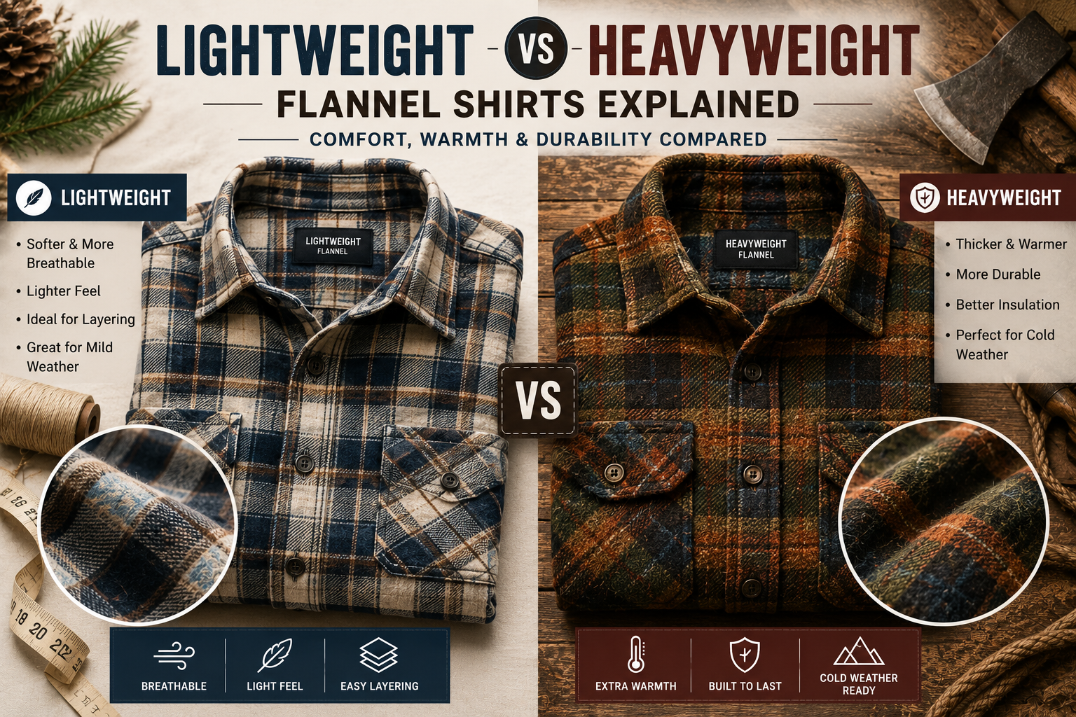 Lightweight vs Heavyweight Flannel Shirts Explained Comparison image of lightweight and heavyweight flannel shirts showing fabric thickness, warmth, layering comfort, and durability differences.