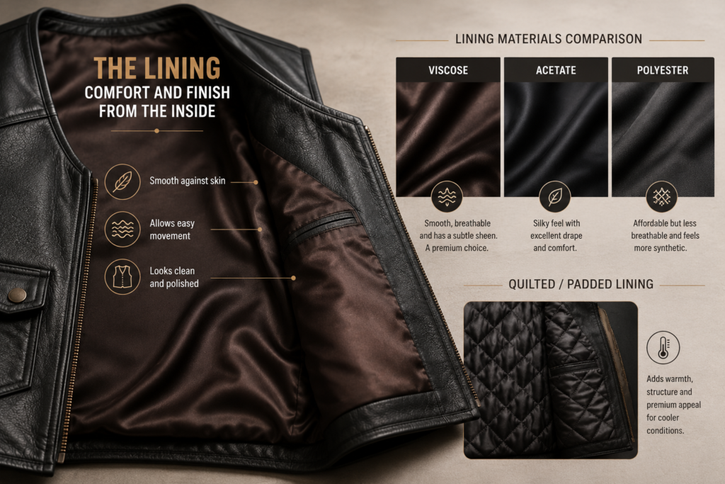 Comparison infographic showing leather vest lining materials including viscose, acetate, polyester, and quilted lining with interior leather vest details.