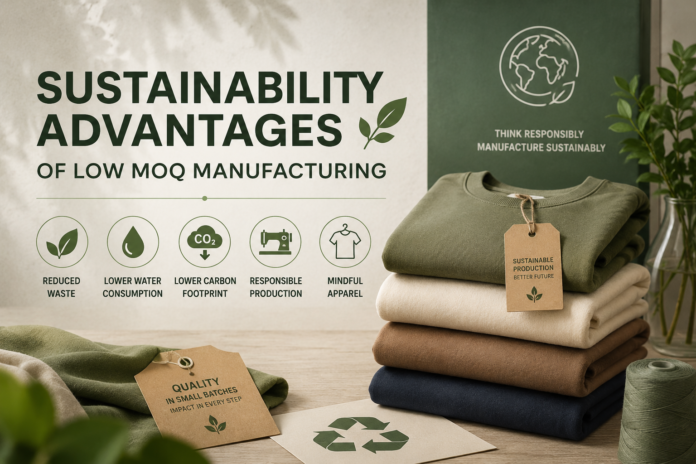 Sustainable low MOQ apparel manufacturing with eco-friendly fabrics, recycled materials, and responsible clothing production process in a modern factory. Low MOQ Clothing Manufacturing