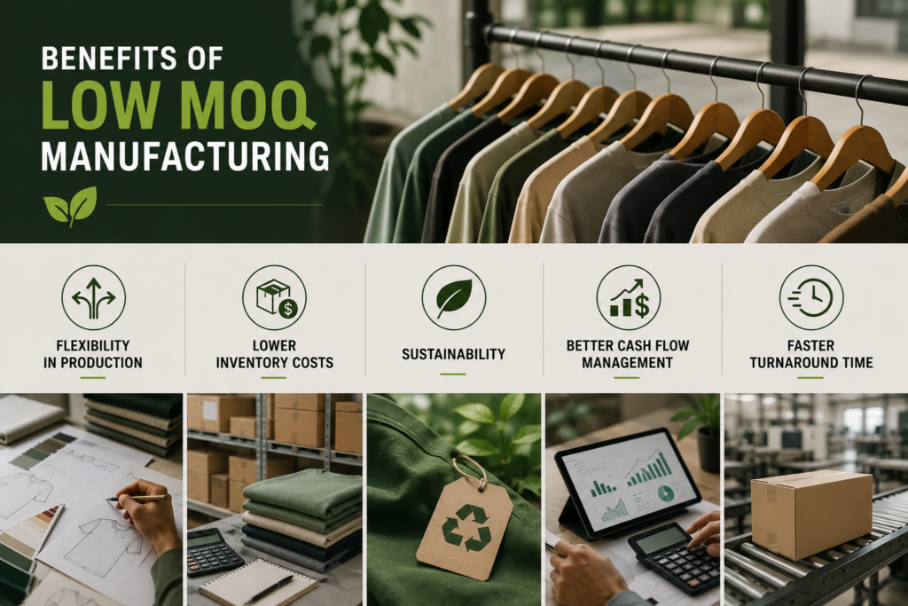 Benefits of low MOQ manufacturing shown through flexible apparel production, sustainable clothing practices, inventory management, and faster order fulfillment. Low MOQ Clothing Manufacturing