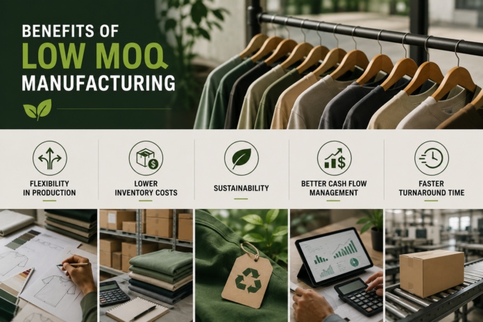 Benefits of low MOQ manufacturing shown through flexible apparel production, sustainable clothing practices, inventory management, and faster order fulfillment. Low MOQ Clothing Manufacturing