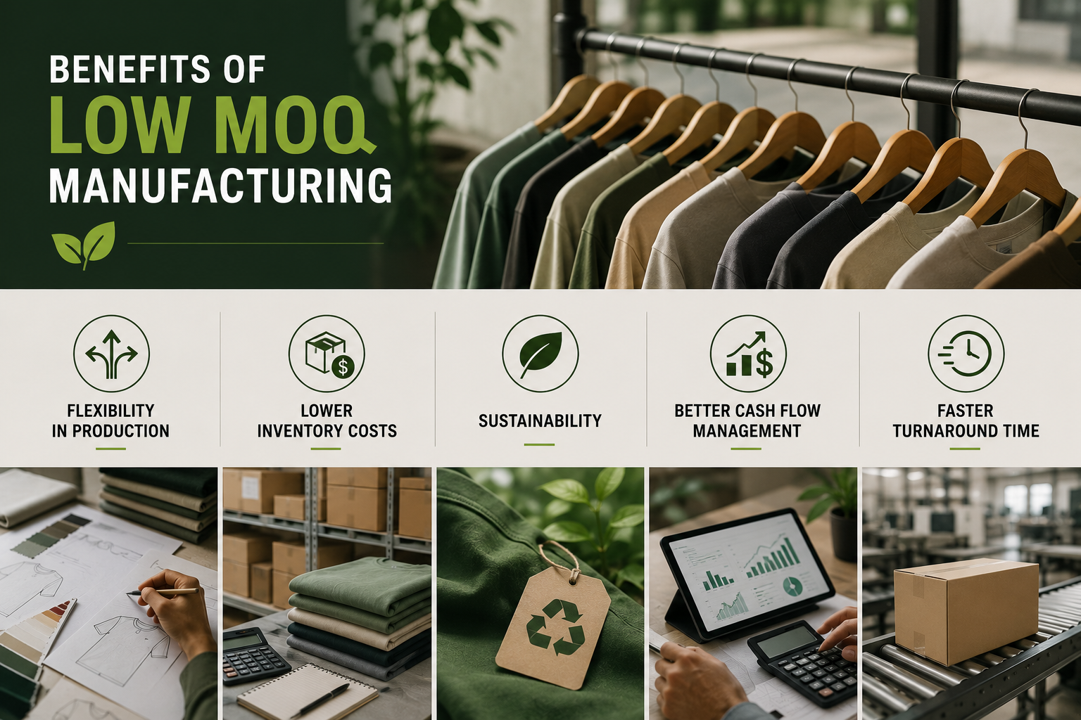What Is Low MOQ Clothing Manufacturing? Explained Benefits of low MOQ manufacturing shown through flexible apparel production, sustainable clothing practices, inventory management, and faster order fulfillment. Low MOQ Clothing Manufacturing