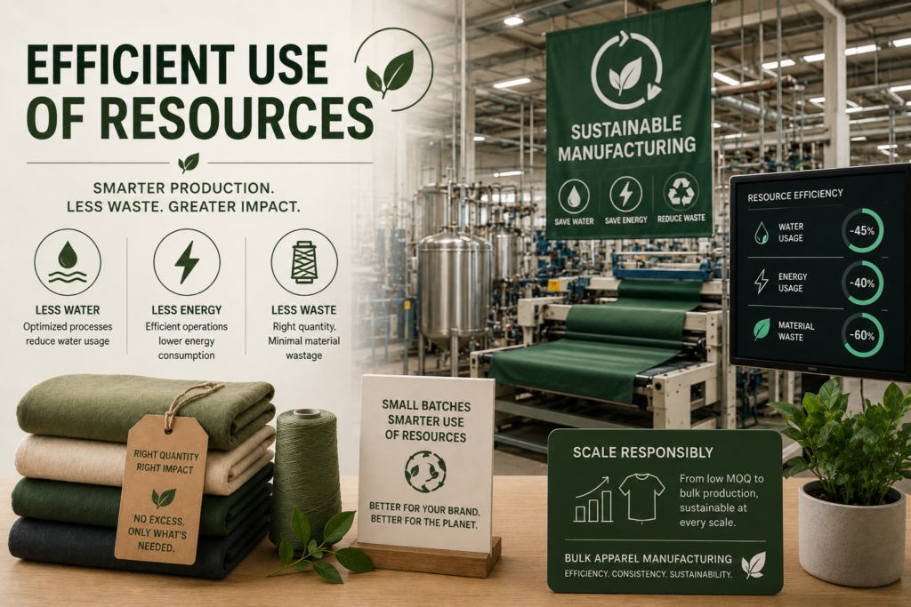 Sustainable apparel manufacturing factory showing efficient use of resources, eco-friendly textile production, reduced water and energy consumption, and low waste fabric manufacturing processes.