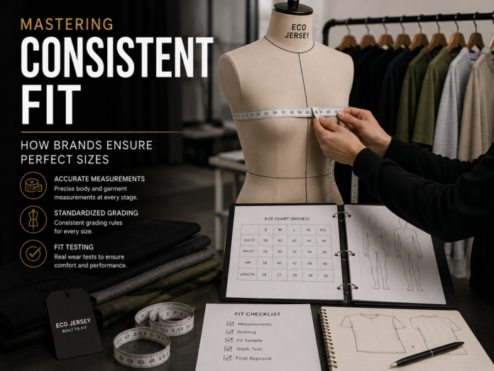 Garment fitting and size measurement process inside a professional apparel development workspace.