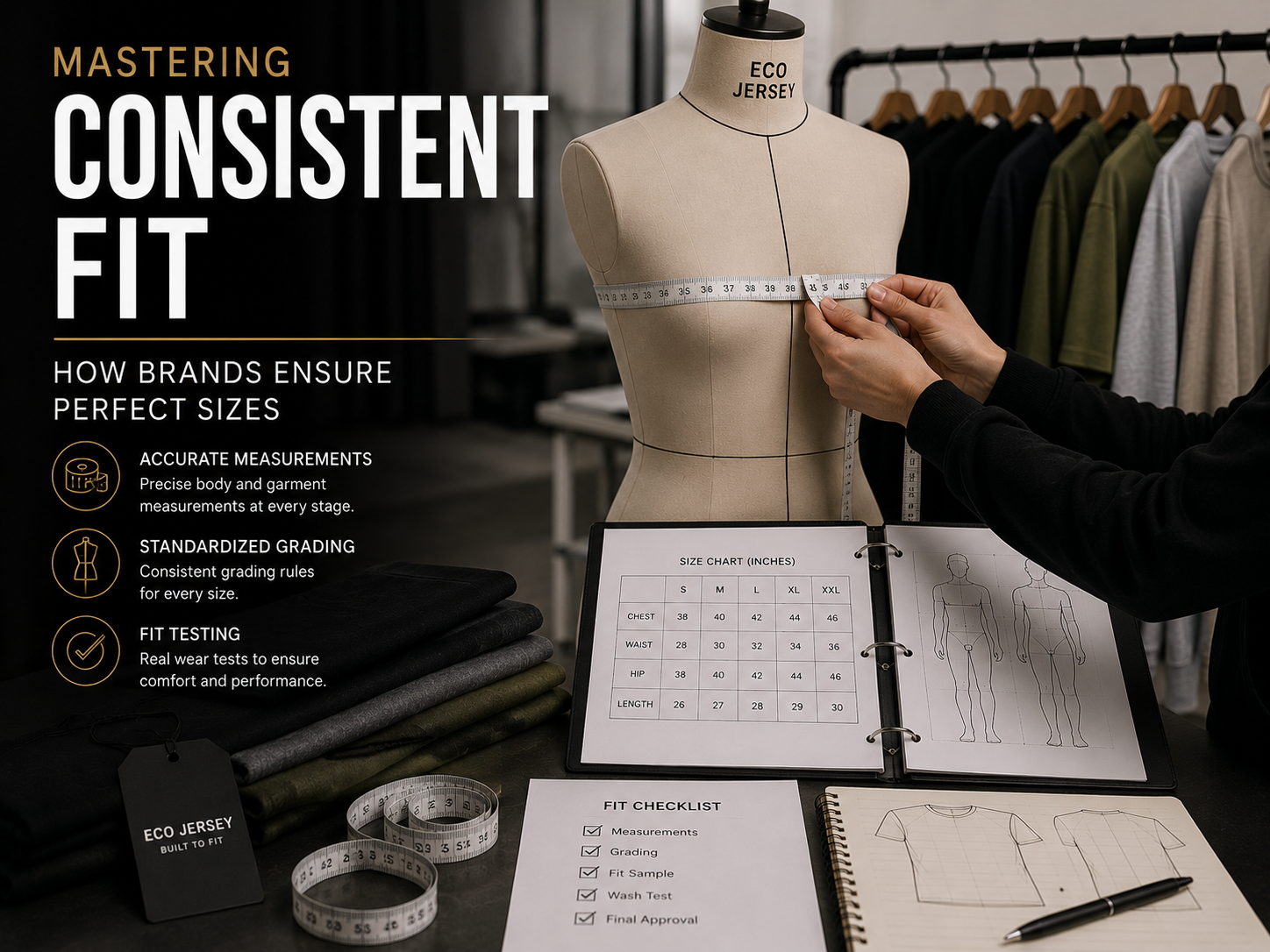 Mastering Consistent Fit: How Brands Ensure Perfect Sizes Garment fitting and size measurement process inside a professional apparel development workspace.