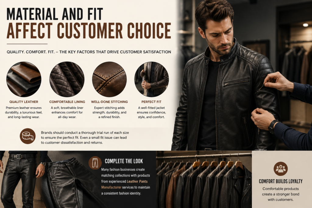 Fashion designer checking the fit and material quality of a premium leather jacket with close-up details of stitching, lining, and leather craftsmanship.