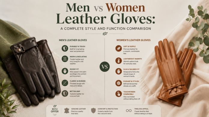 Comparison infographic of men’s and women’s leather gloves featuring premium brown leather designs, functional features, and elegant eco-inspired styling on a neutral background.