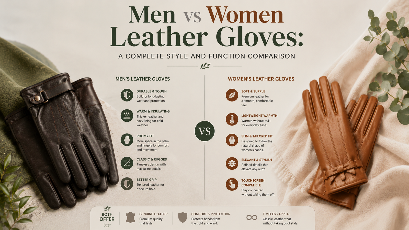 Men vs Women Leather Gloves: A Complete Style and Function Comparison Comparison infographic of men’s and women’s leather gloves featuring premium brown leather designs, functional features, and elegant eco-inspired styling on a neutral background.