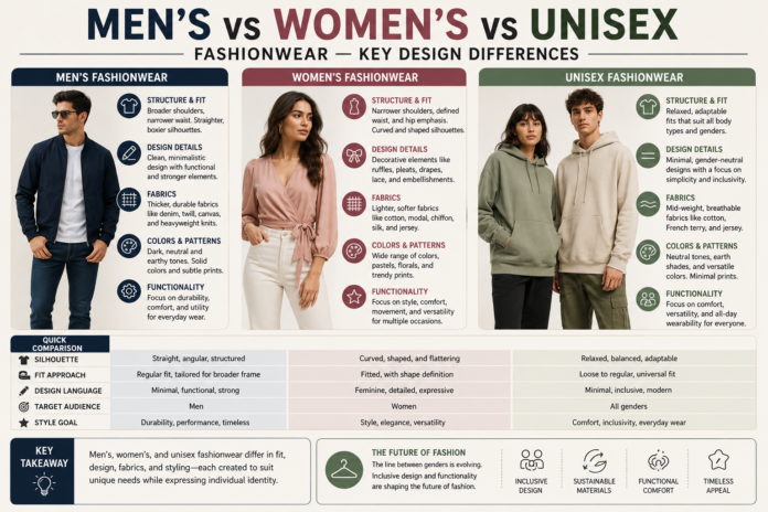 Modern fashionwear comparison infographic featuring men’s, women’s, and unisex clothing styles with different fits, silhouettes, fabrics, and contemporary apparel design elements.