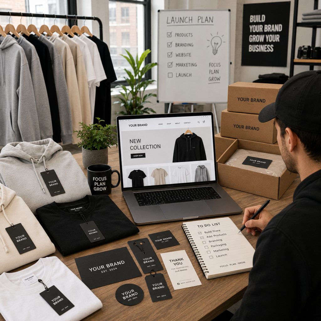 Modern workspace with laptop, apparel design tools, and branding materials.