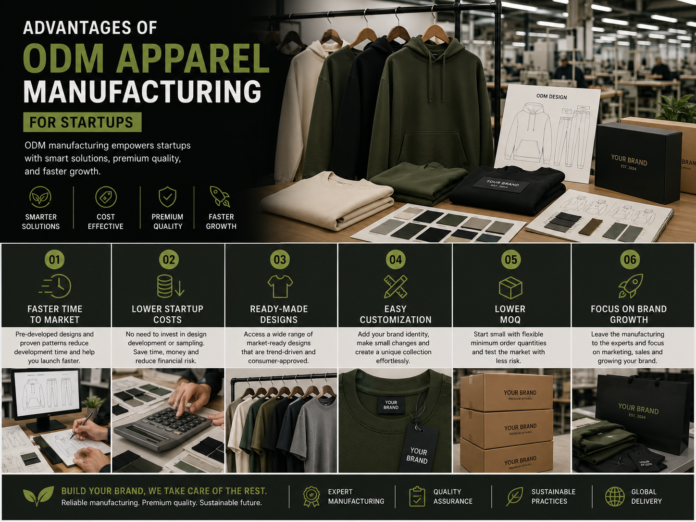 ODM apparel manufacturing benefits for startups, featuring clothing samples, design sketches, and branding materials on a workspace table, with six key advantages: faster time to market, lower startup costs, ready-made designs, easy customization, lower MOQ, and focus on brand growth.