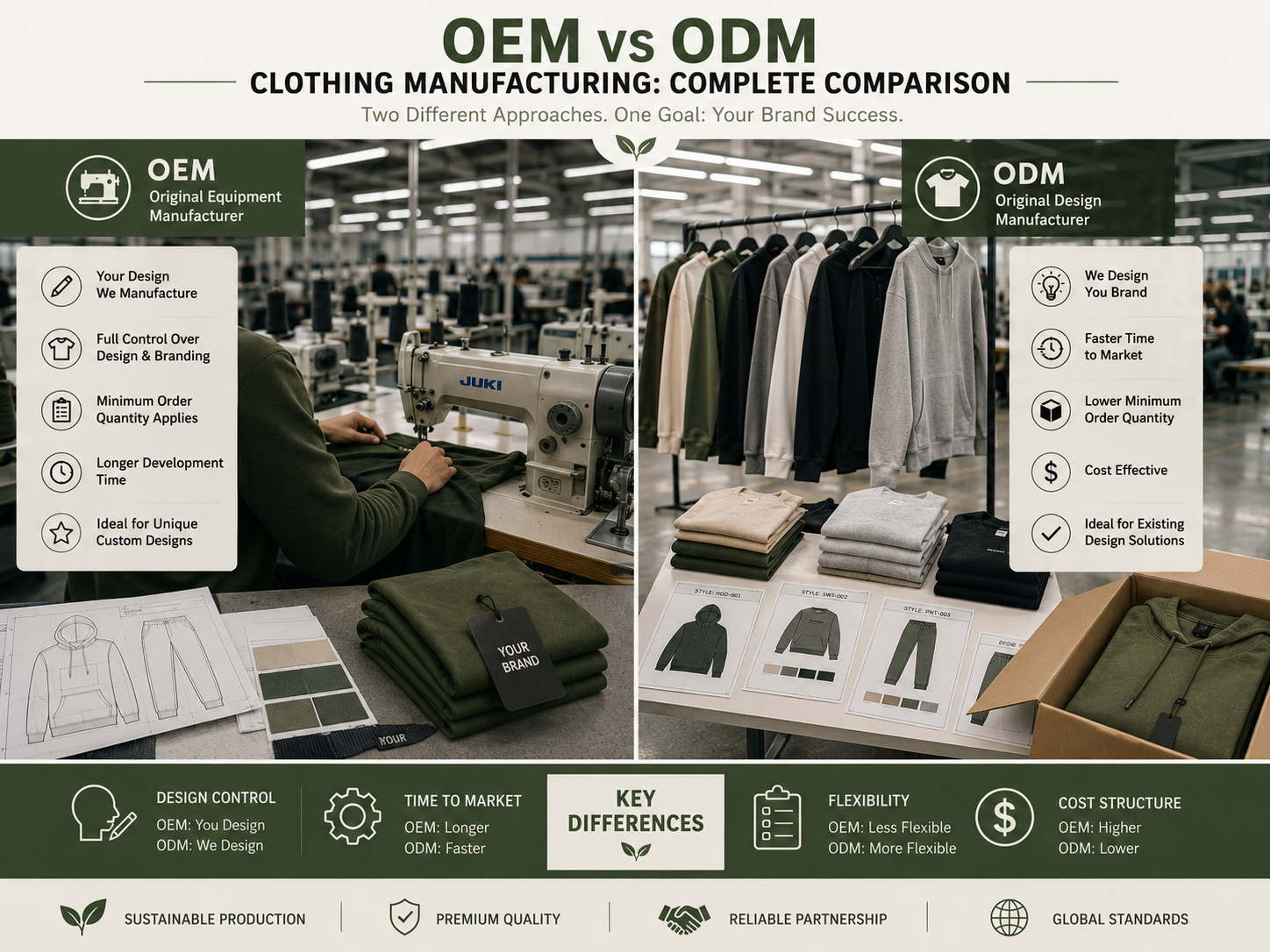 OEM vs ODM Clothing Manufacturing: Complete Comparison OEM vs ODM clothing manufacturing complete comparison infographic, explaining the differences between OEM (you design, factory produces) and ODM (factory designs and produces for your brand).