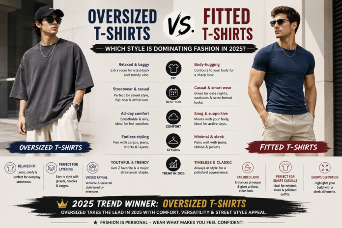 Comparison of oversized and fitted T-shirts showing relaxed streetwear fashion versus slim modern fitted style trends in 2025.