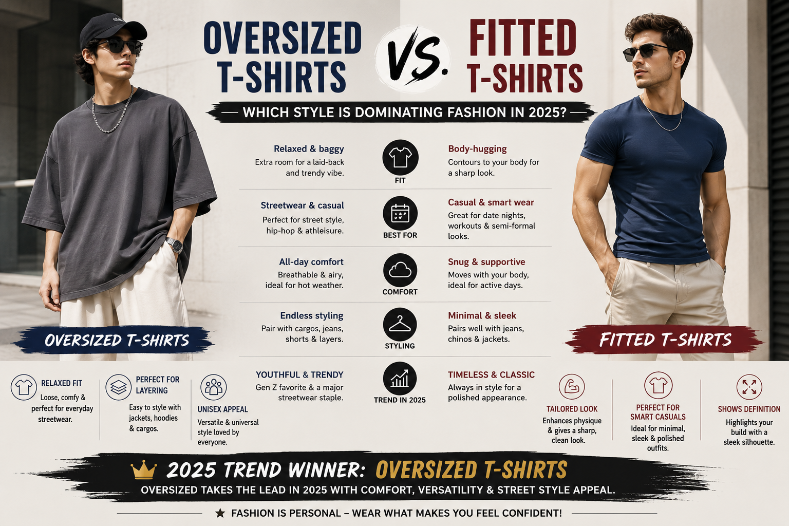 Oversized T-Shirts vs. Fitted T-Shirts: Which Style Is Dominating Fashion in 2025? Comparison of oversized and fitted T-shirts showing relaxed streetwear fashion versus slim modern fitted style trends in 2025.