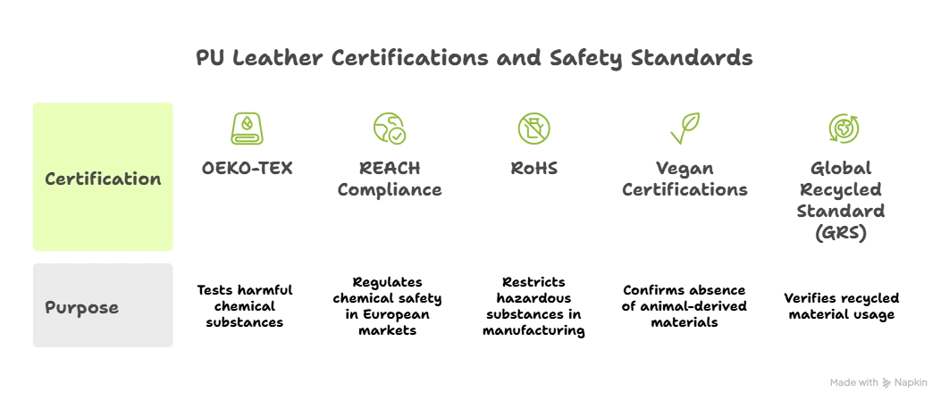 Infographic showing PU leather certifications and safety standards