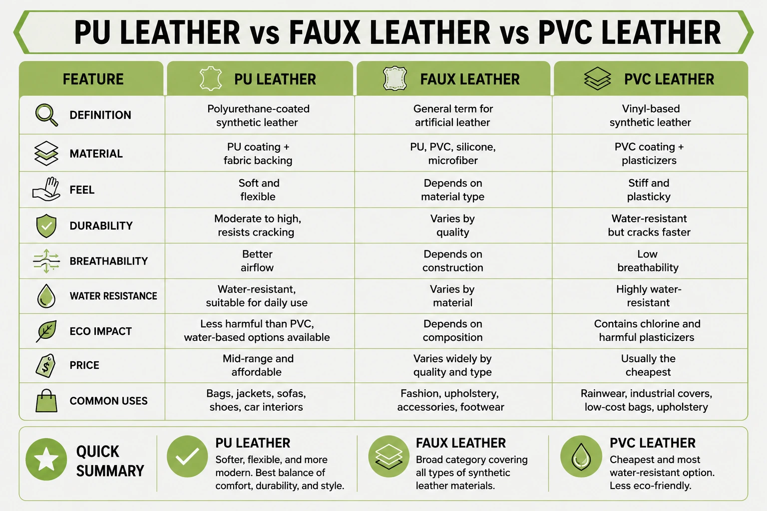 Comparison infographic of PU leather, faux leather, and PVC leather features
