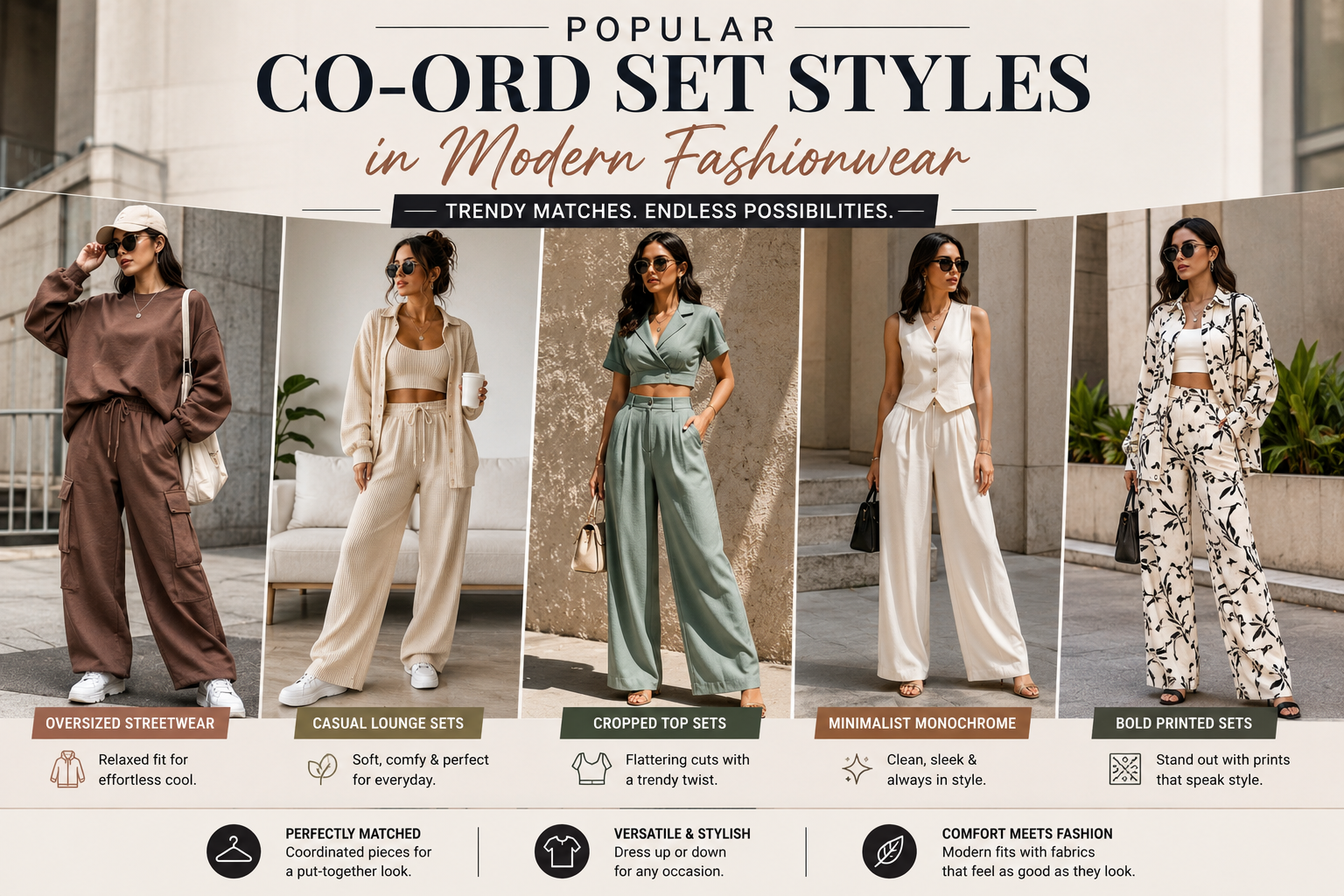Popular Co-Ord Set Styles in Modern Fashionwear Modern fashion co-ord sets featuring oversized streetwear, casual loungewear, and matching trendy outfits for women.