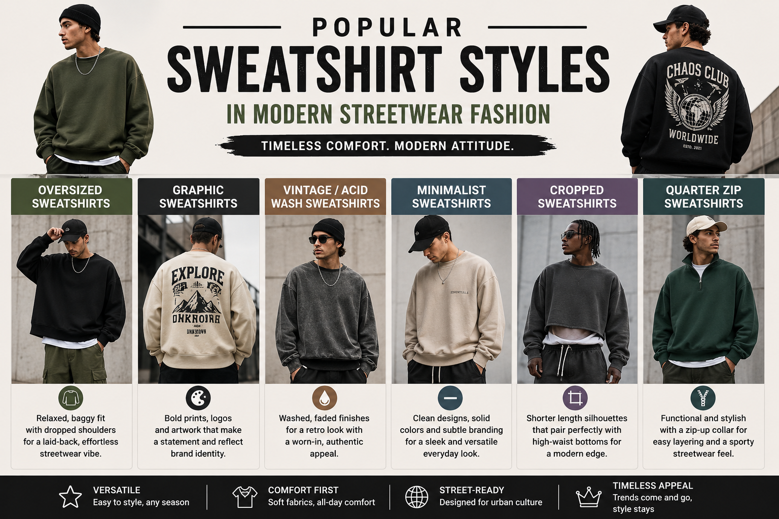 Popular Sweatshirt Styles in Modern Streetwear Fashion Modern streetwear sweatshirt style guide featuring oversized, graphic, vintage washed, cropped, minimalist, and quarter-zip sweatshirts in contemporary urban fashion looks.