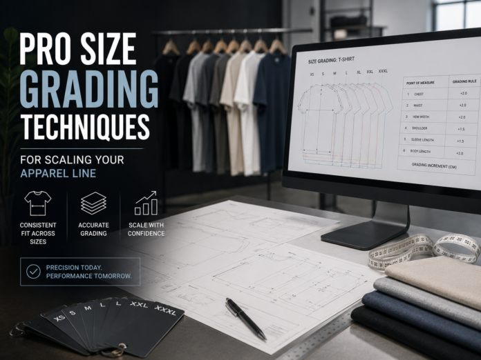 Apparel size grading workspace with garment measurements, grading charts, and fashion production planning tools.
