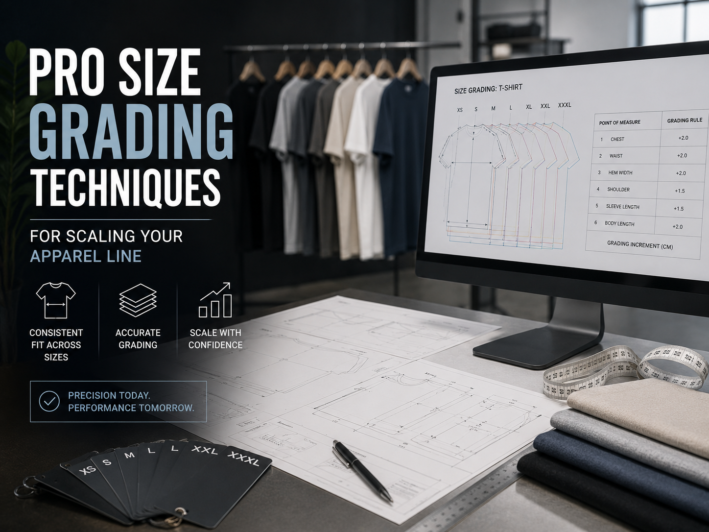 Pro Size Grading Techniques for Scaling Your Apparel Line Apparel size grading workspace with garment measurements, grading charts, and fashion production planning tools.