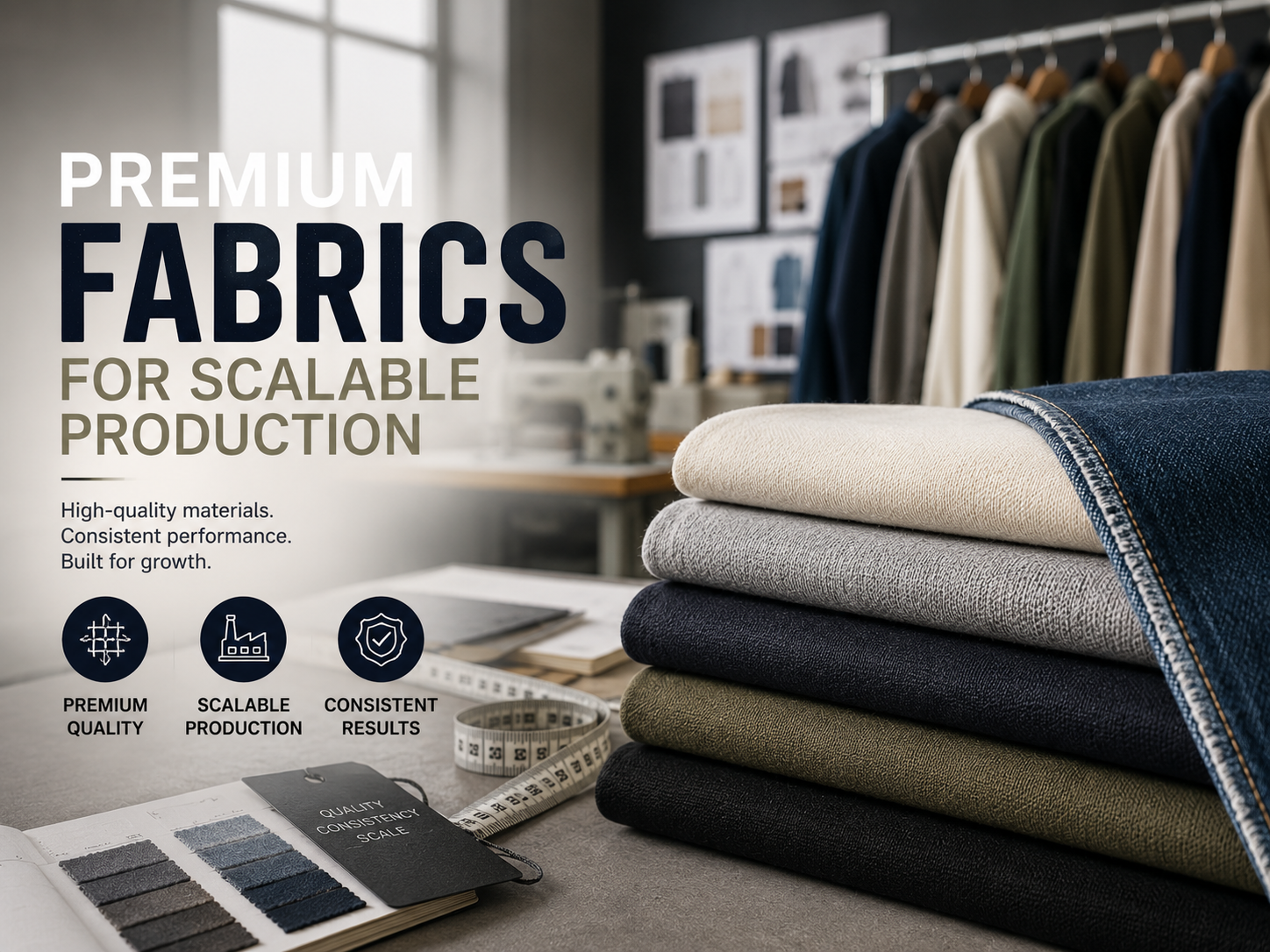 Premium Fabrics For Scalable Production Stacked fabric samples in assorted colors and textures with a measuring tape draped across, an open fabric swatch book nearby, and sewing equipment with hanging garments in the background.