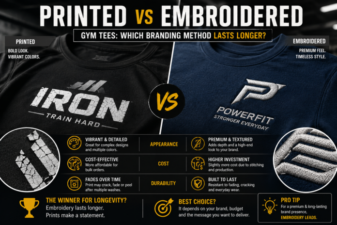 Printed vs Embroidered Gym Tees Which Branding Method Lasts Longer Modern comparison image featuring printed and embroidered gym T-shirts with premium activewear branding, fabric textures, and clean editorial-style presentation.