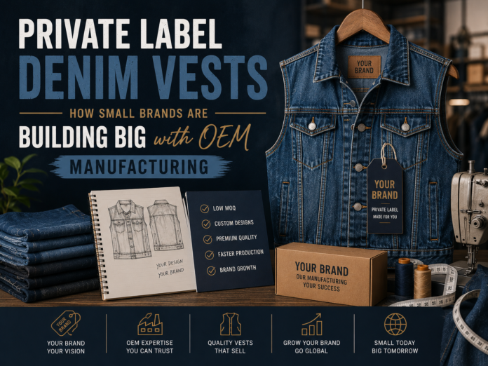 Private label denim vest manufacturing setup with custom branding, denim samples, and apparel production workspace.