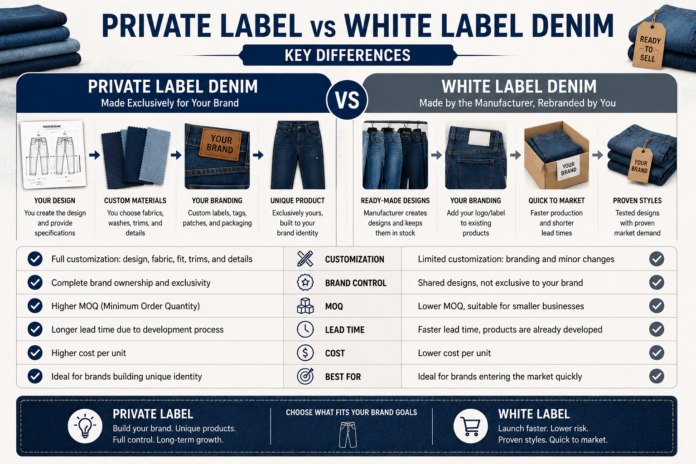 Denim manufacturing comparison infographic explaining the differences between private label and white label denim production, including customization, branding, lead times, MOQ, and market positioning.