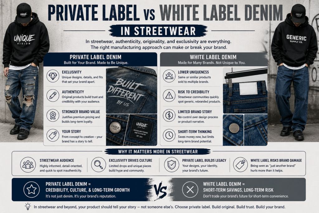 Streetwear denim comparison infographic showing private label versus white label manufacturing, highlighting authenticity, exclusivity, originality, and long-term brand credibility in streetwear fashion.
