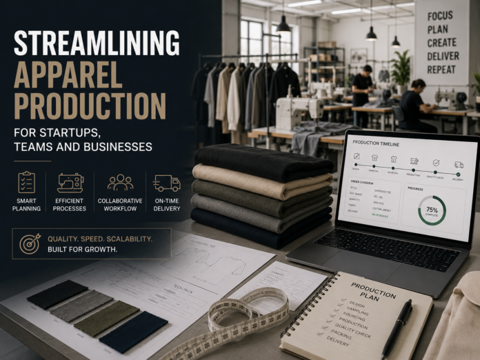 Modern OEM clothing manufacturing workspace with apparel production planning, fabric swatches, tech packs, and garment factory background.