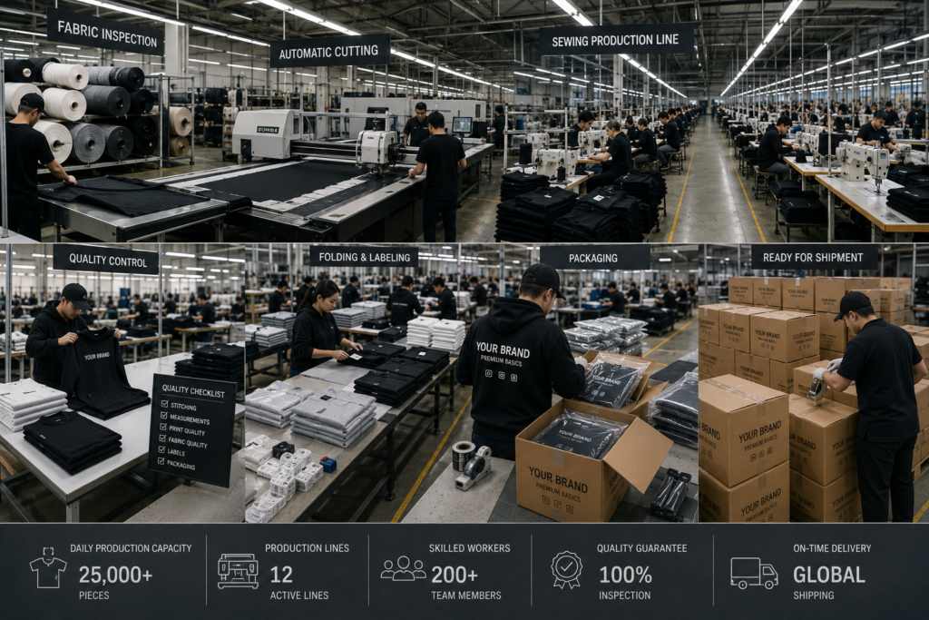 Production speed in bulk garment manufacturing illustrated.