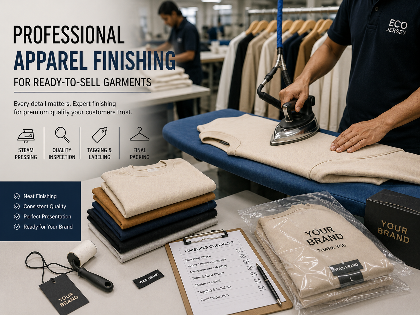 Professional Apparel Finishing for Ready-to-Sell Garments A worker irons a light beige sweater at a finishing station, surrounded by folded and packaged garments, a lint roller, and a clipboard with a finishing checklist.