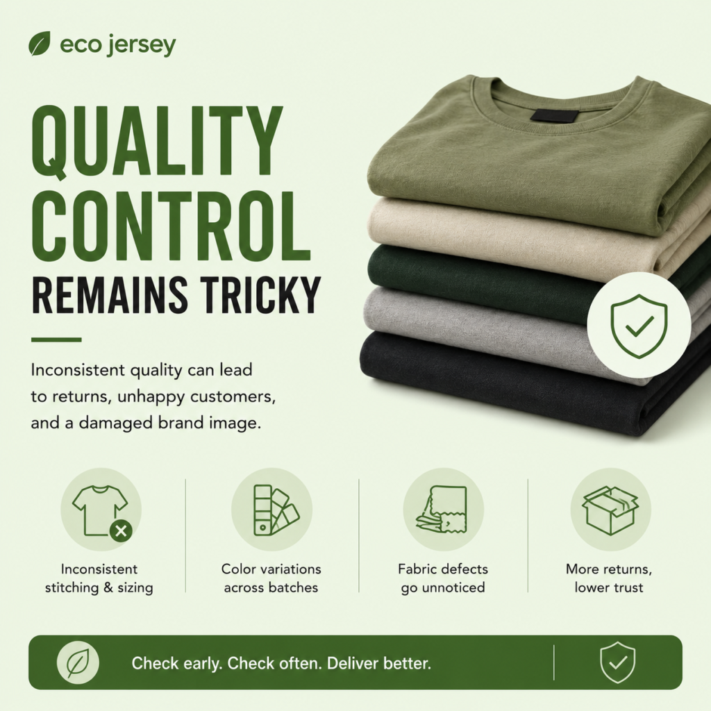 Infographic showing why quality control remains tricky in private label production, highlighting inconsistent standards, inspection challenges, and supplier coordination issues.