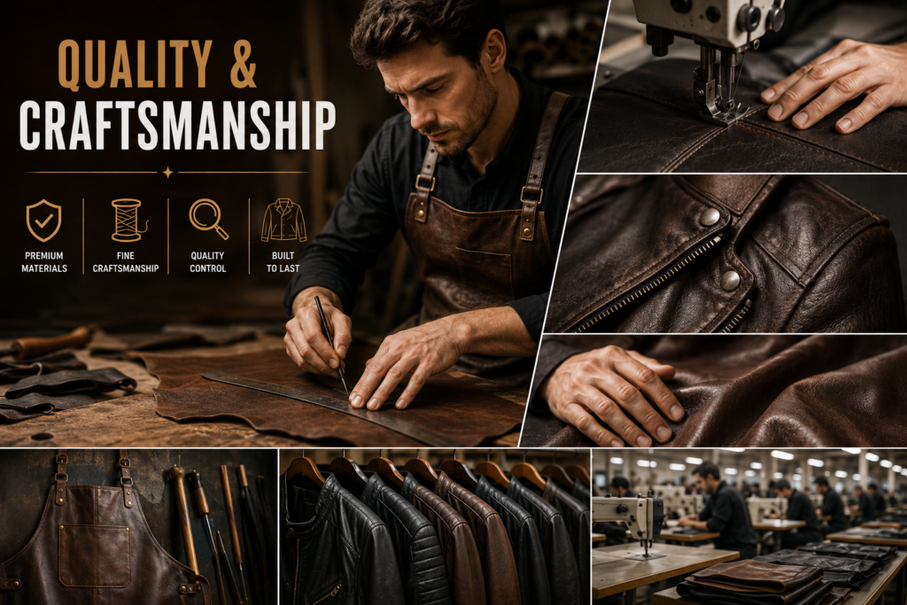 Leather craftsman cutting and stitching premium leather jackets in a professional manufacturing workshop.