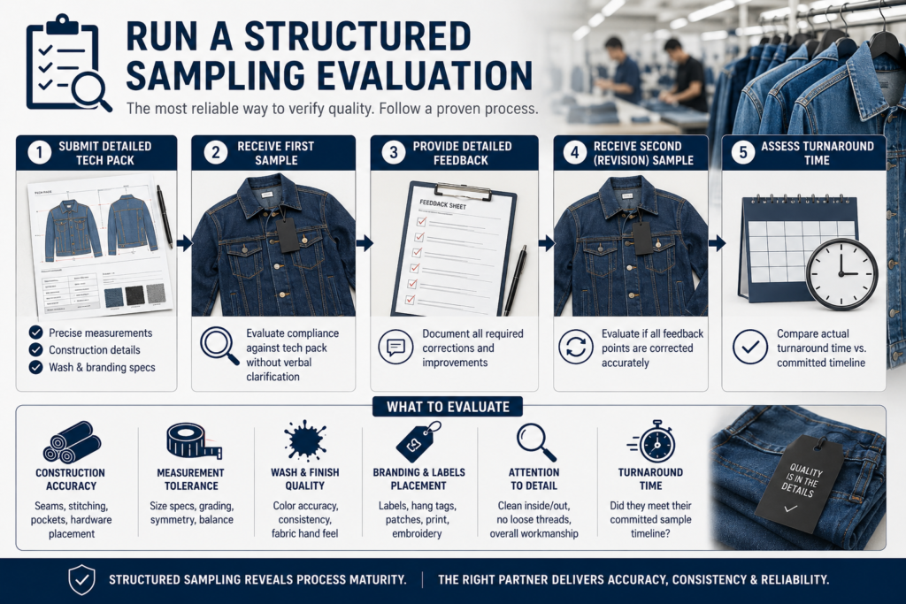 Structured denim sampling evaluation infographic showing tech pack review, sample revisions, feedback process, and production timeline verification for denim apparel manufacturing.