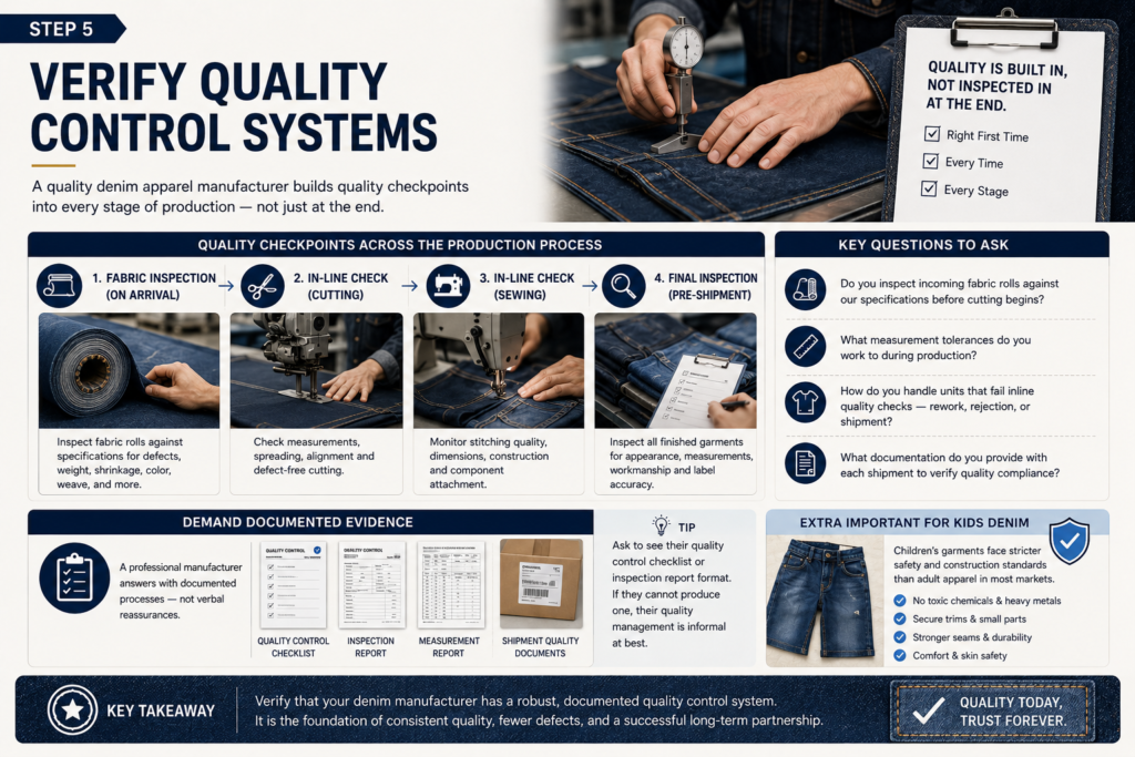 Denim apparel quality control infographic showing fabric inspection, inline sewing checks, final inspection stages, and documented quality management systems.