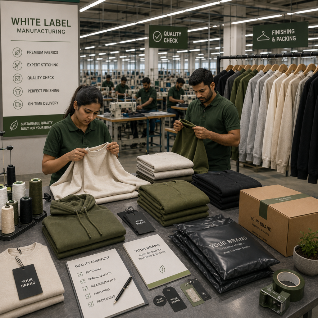 Quality control process in garment manufacturing with workers inspecting clothing.