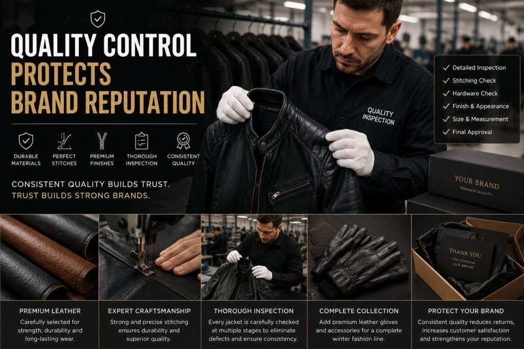Leather jacket quality control inspection process with stitching checks, premium finishing, leather gloves accessories, and factory quality assurance