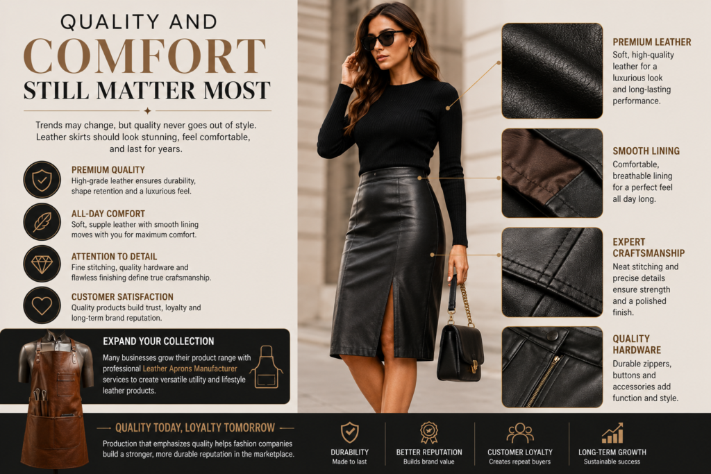 Premium leather skirt quality infographic showing soft leather texture, smooth lining, expert stitching, durable hardware, and comfortable modern fit.