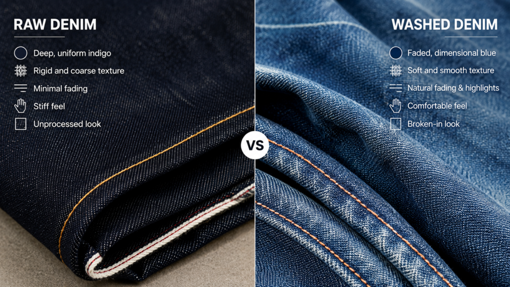 Side-by-side image showing raw denim on the left and professionally washed denim on the right. Results of Mastering Denim Washing