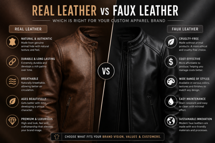 Real leather vs faux leather comparison for custom apparel brands featuring premium jackets and material textures