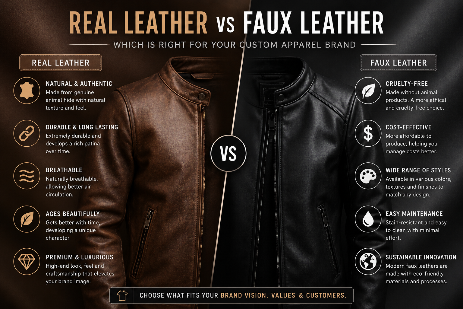Real Leather vs Faux Leather: Right Choice for Your Brand Real leather vs faux leather comparison for custom apparel brands featuring premium jackets and material textures