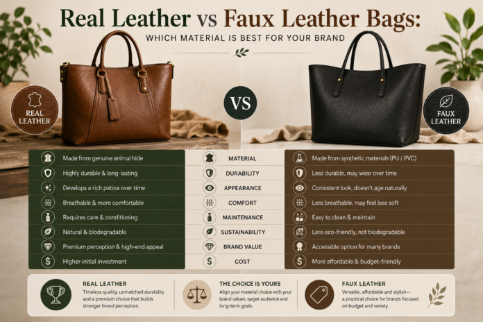 Comparison infographic of real leather and faux leather bags featuring premium tote bag designs, material features, durability differences, and sustainability comparisons in a clean editorial layout.