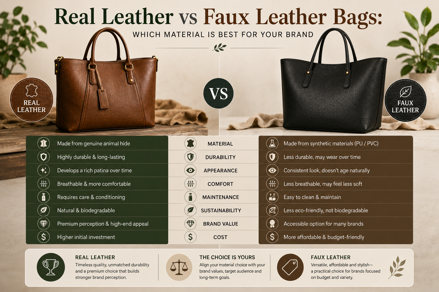 Real Leather vs Faux Leather Bags Which Material Is Best for Your Brand Comparison infographic of real leather and faux leather bags featuring premium tote bag designs, material features, durability differences, and sustainability comparisons in a clean editorial layout.
