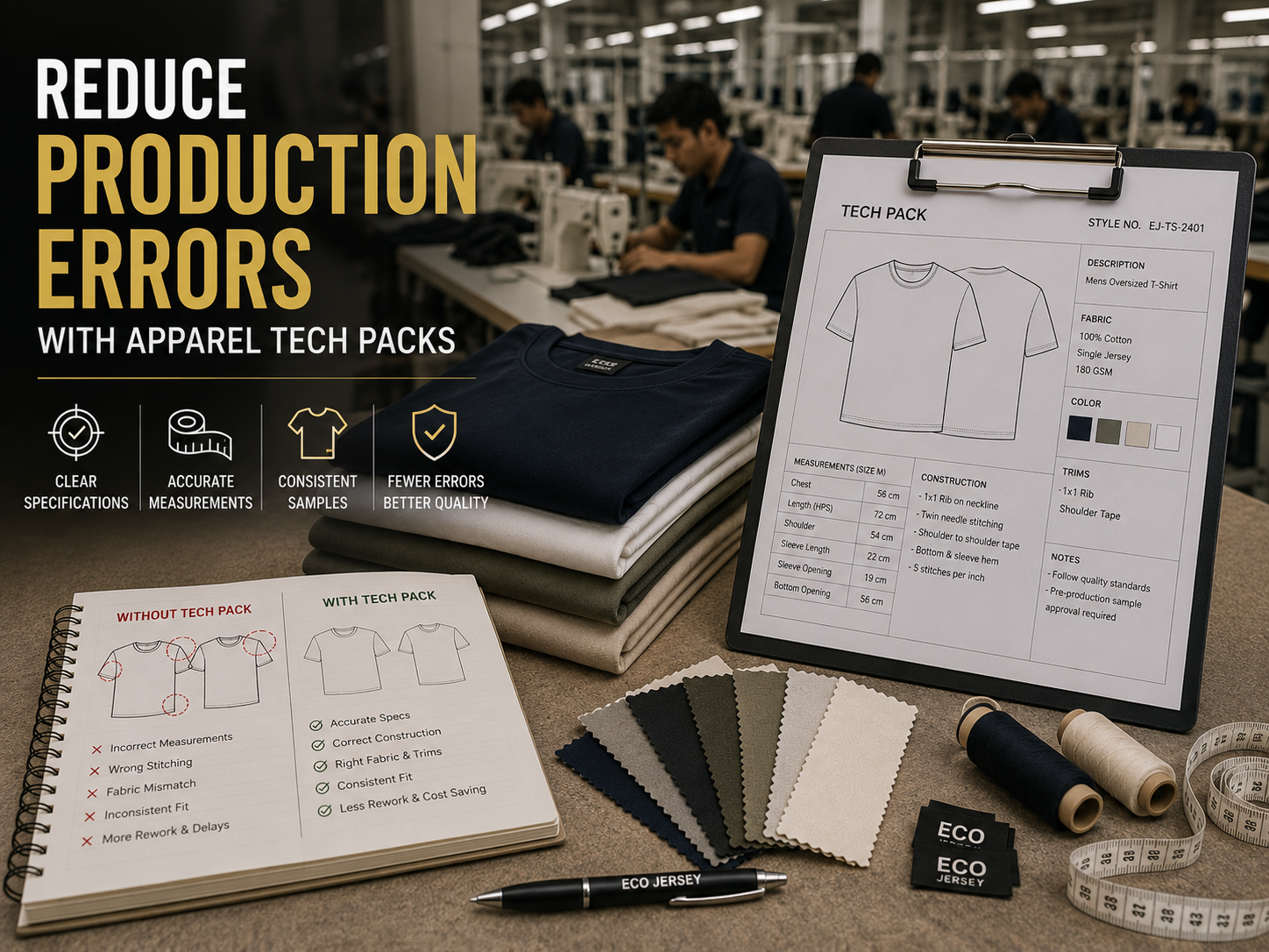 Reduce Production Errors With Apparel Tech Packs A clipboard with apparel tech pack details sits on a worktable surrounded by color swatches, spools of thread, measuring tape, and folded shirts, with garment workers sewing in the background.